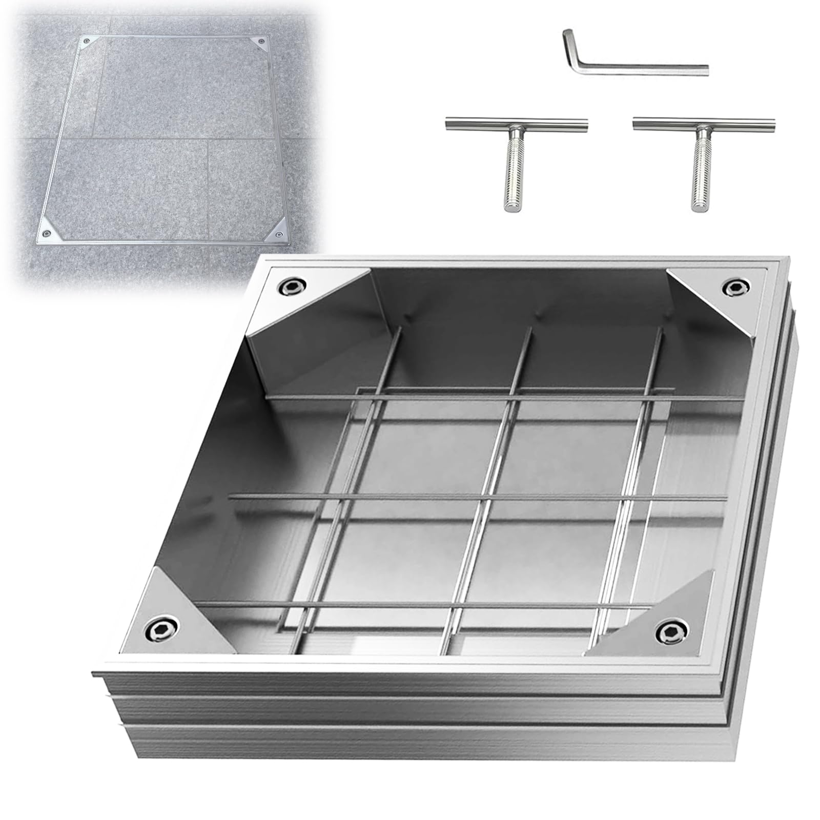 LIROPAU Schachtabdeckung 300x300mm Aluminium Versenkte Schachtdeckel, Eingebettete Schachtabdeckung und Rahmen für Innen- und Außen Szenen, Höhe 60mm
