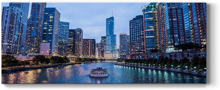 Renditions Gallery Chicago City Night View Photo Canvas Wall Art Prints for Office Chicago Skyline Sunset Landscape Pictures Modern Wall Decoration for Living Room-20x40 Inches