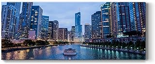 Renditions Gallery Chicago City Night View Photo Canvas Wall Art Prints for Office Chicago Skyline Sunset Landscape Pictures Modern Wall Decoration for Living Room-20x50 Inches