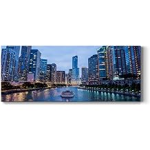 Renditions Gallery Chicago City Night View Photo Canvas Wall Art Prints for Office Chicago Skyline Sunset Landscape Pictures Modern Wall Decoration for Living Room-20x50 Inches