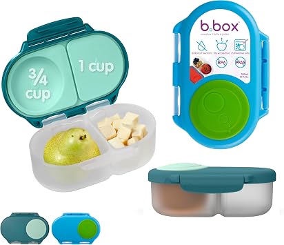 b.box 2 Pack Bento Snackbox | Leakproof Double Compartment Food Container with Lid | Ideal for Toddlers, Kids Lunch + Snacks | Expandable Surface | Container Free from BPA | Pack of 2 | Blue/Green