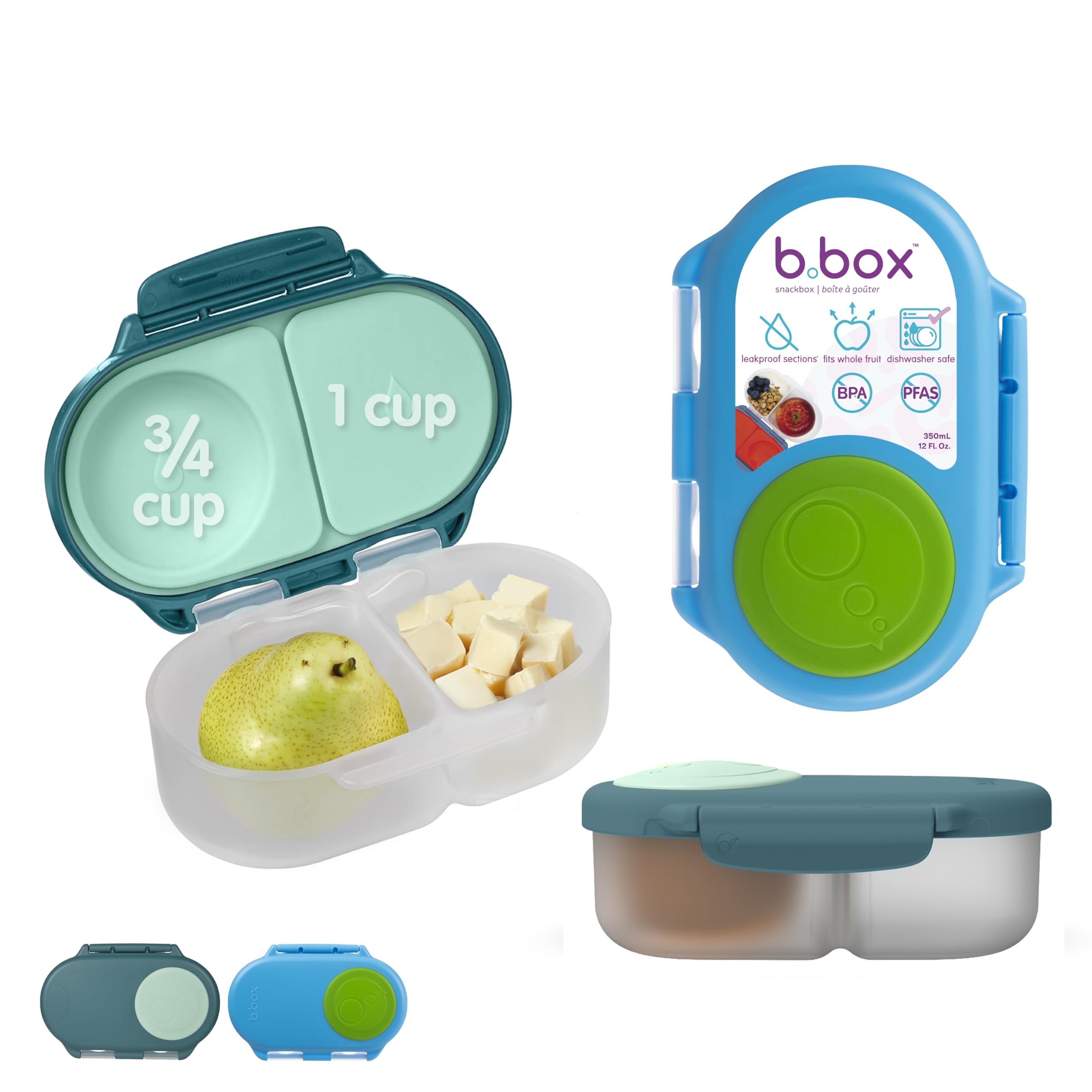 b.box 2 Pack Bento Snackbox | Leakproof Double Compartment Food Container with Lid | Ideal for Toddlers, Kids Lunch + Snacks | Expandable Surface | Container Free from BPA | Pack of 2 | Blue/Green