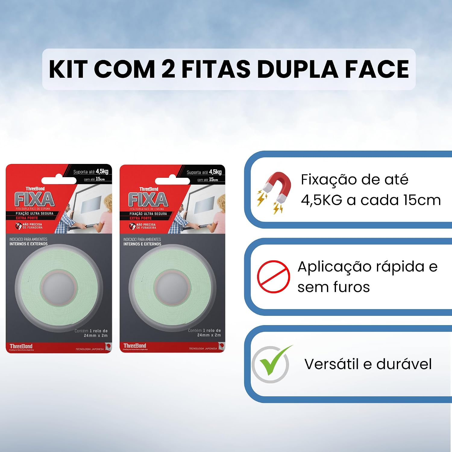 Fita Dupla Face ThreeBond 24mm x 2M | Kit com 2 Unidades | A Mais Forte em Menos Espaço