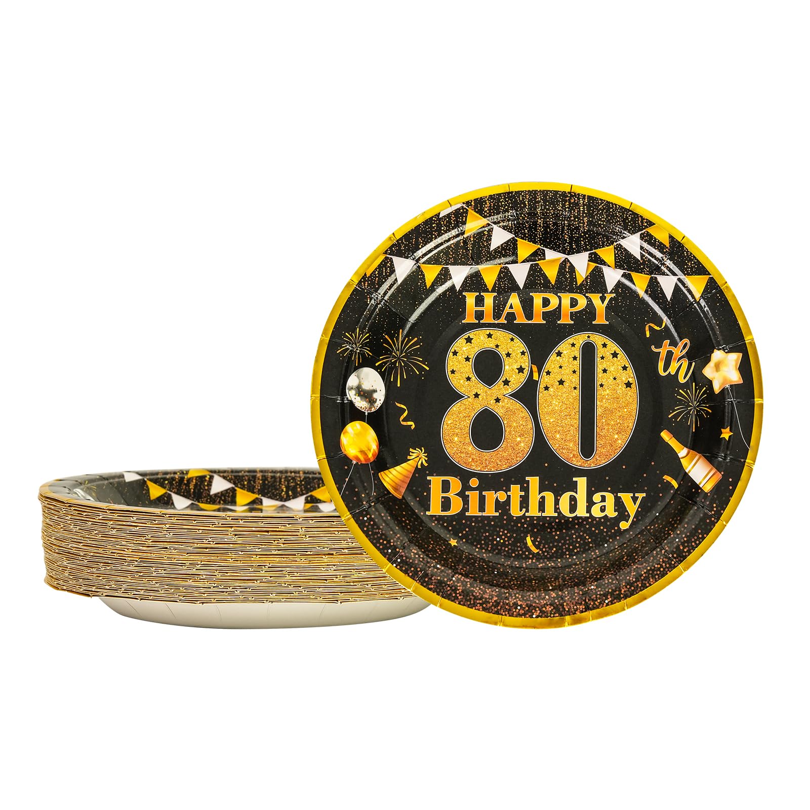 LDFDRT Party Paper Plates 80th Birthday Decorations 50 Pcs 7" Black Gold Birthday Plates Tableware Set Happy Birthday Party Supplies