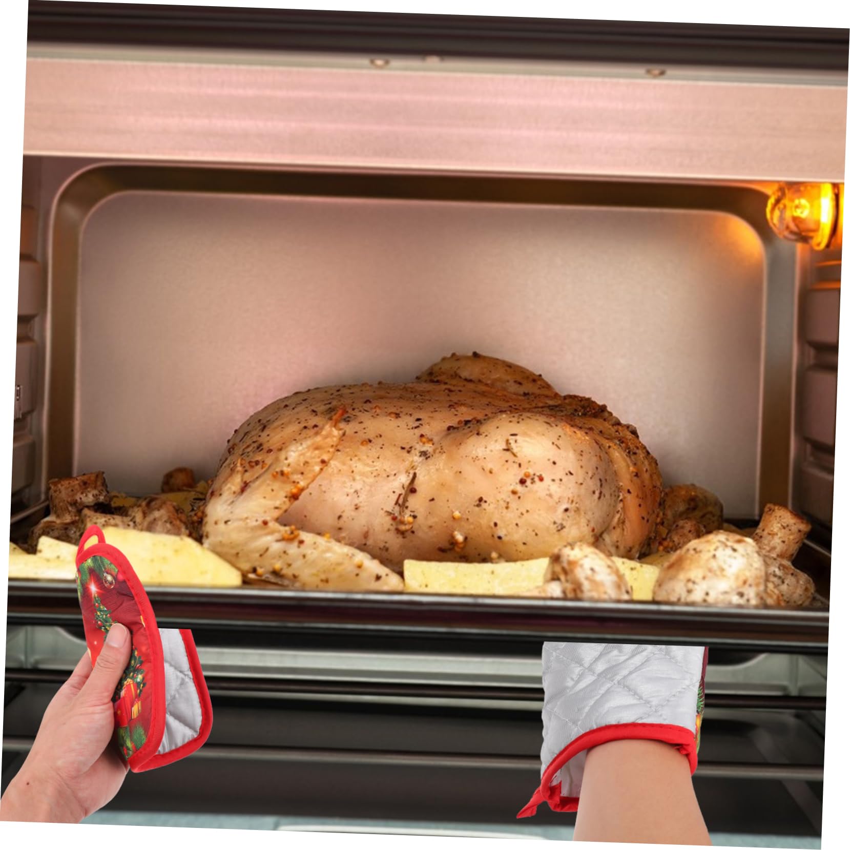 Alipis Guantes Resistentes Al Calor para Horno y Microondas, Juego De 4 Piezas, Diseño Navideño Rojo Árbol y Santa Claus, Tela Acolchada Aislamiento Térmico para Cocina y Horneado