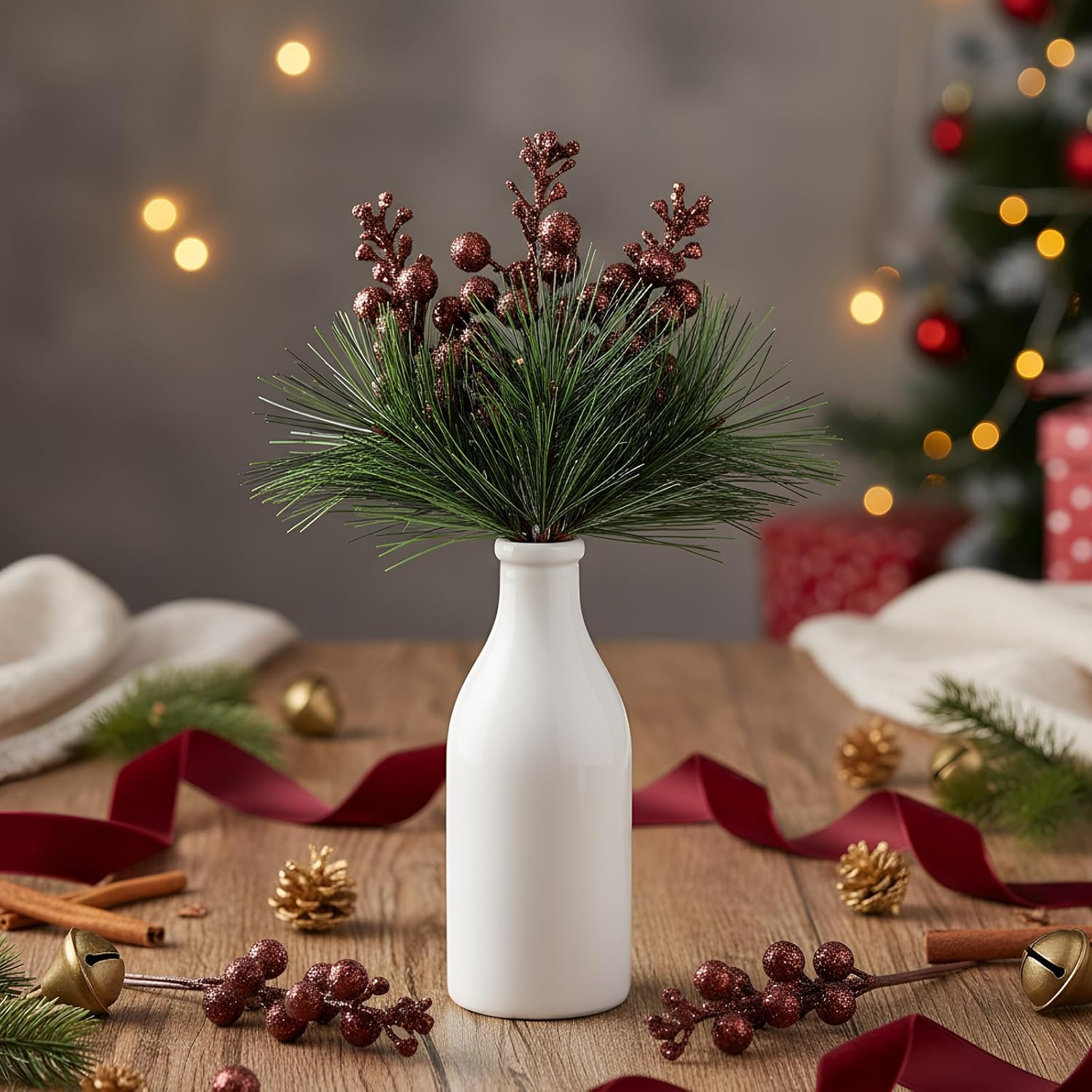 Geosar Christmas 人工緑 松の枝 小さなヒイラギ 人工ベリー ピック バルク クラフト リース デコレーション クリ