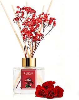 Reed Diffuser Set - 3.38 fl oz Rose Premium Scented Oil with Preserved Baby's Breath & Cotton 6 Sticks | Long-Lasting Aromatherapy for Home, Bedroom, Bathroom, Office Home Decor