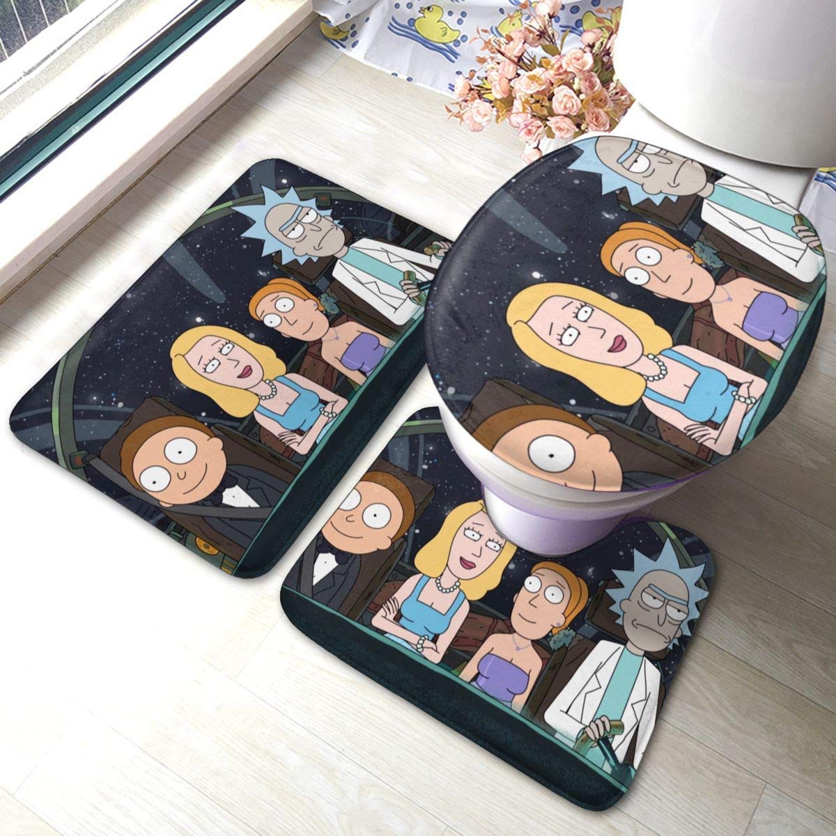 Chimmy95 Rick Morty Bath Mat Bathroom Rug Sets, 3 Piece Bathroom Non-Slip Floor Mat Pedestal Rug & Lid Toilet Cover & Bath Mat Set.