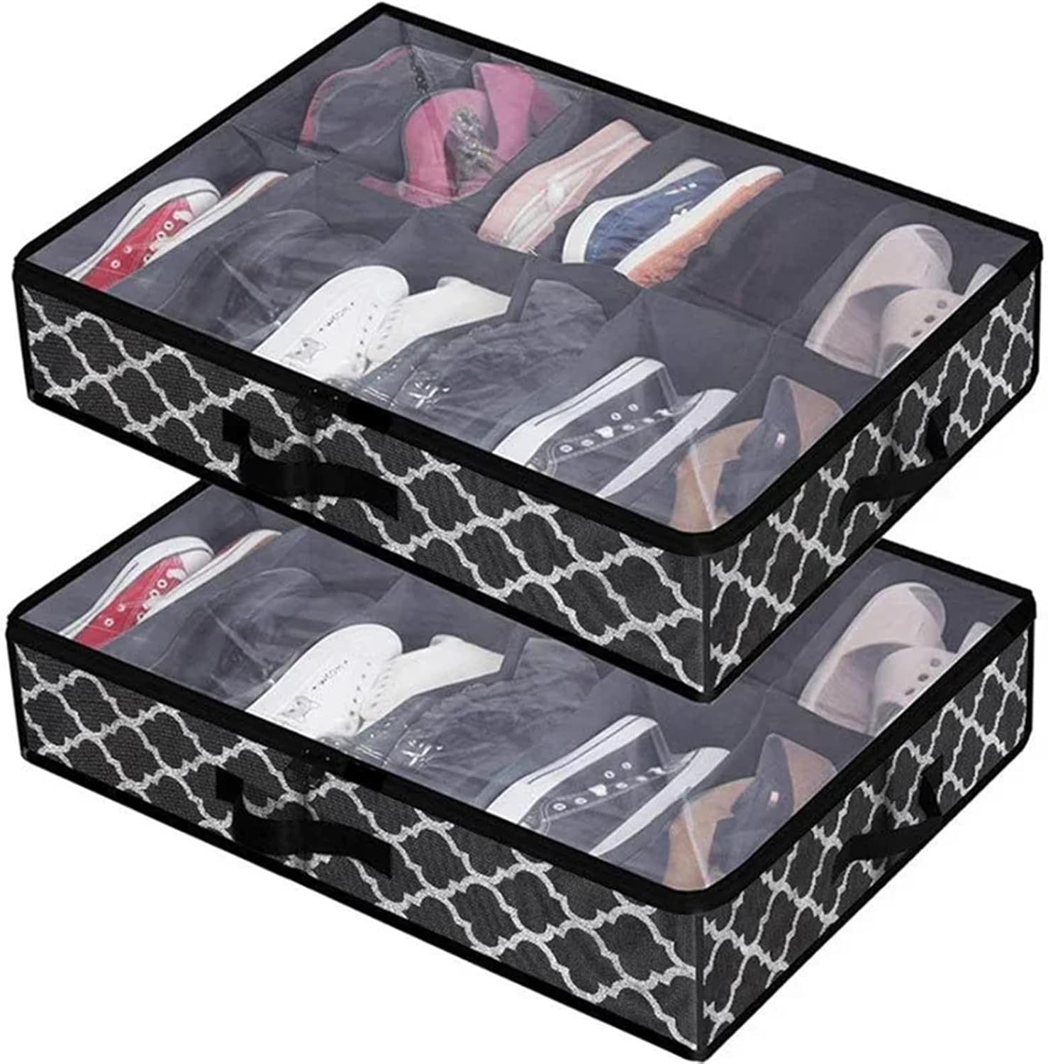 Underbed Storage Bins 1 Piece Under Bed Shoe Storage Organizer, can accommodate 12 to 16 pairs of shoes(Black,2pcs)