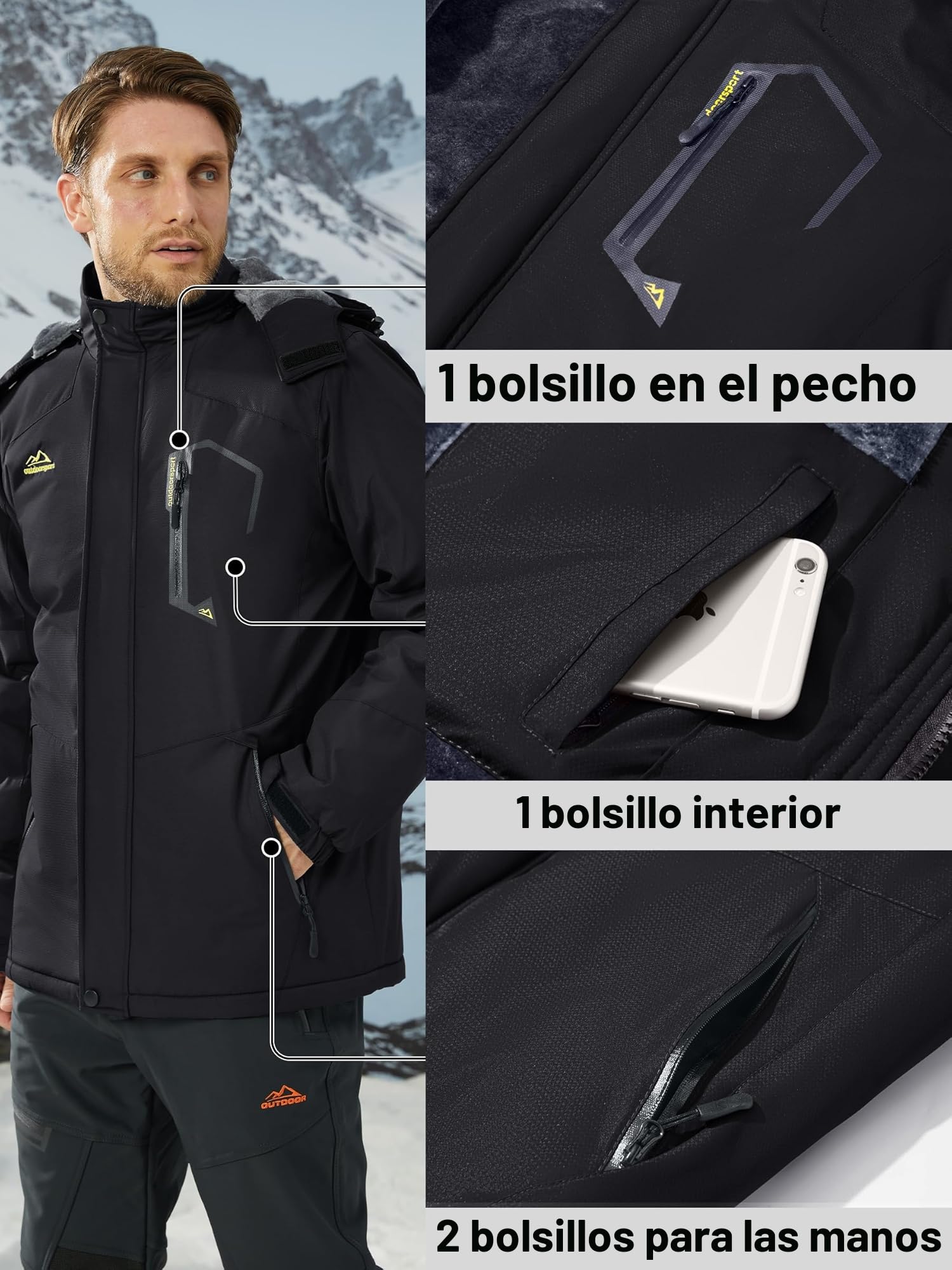 KEFITEVD Chaquetas Impermeables Hombre Lana Invierno Abrigos Térmicos con Capucha Desmontable