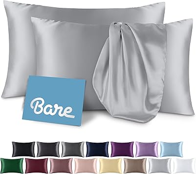 Bare Home Satin Pillowcases for Hair and Skin - 2 Pack Standard 20x26 - Luxury Pillowcases - Envelope Enclosure - Soft and Smooth Satin - Breathable - Similar to Silk Silver Grey, 2 Pack