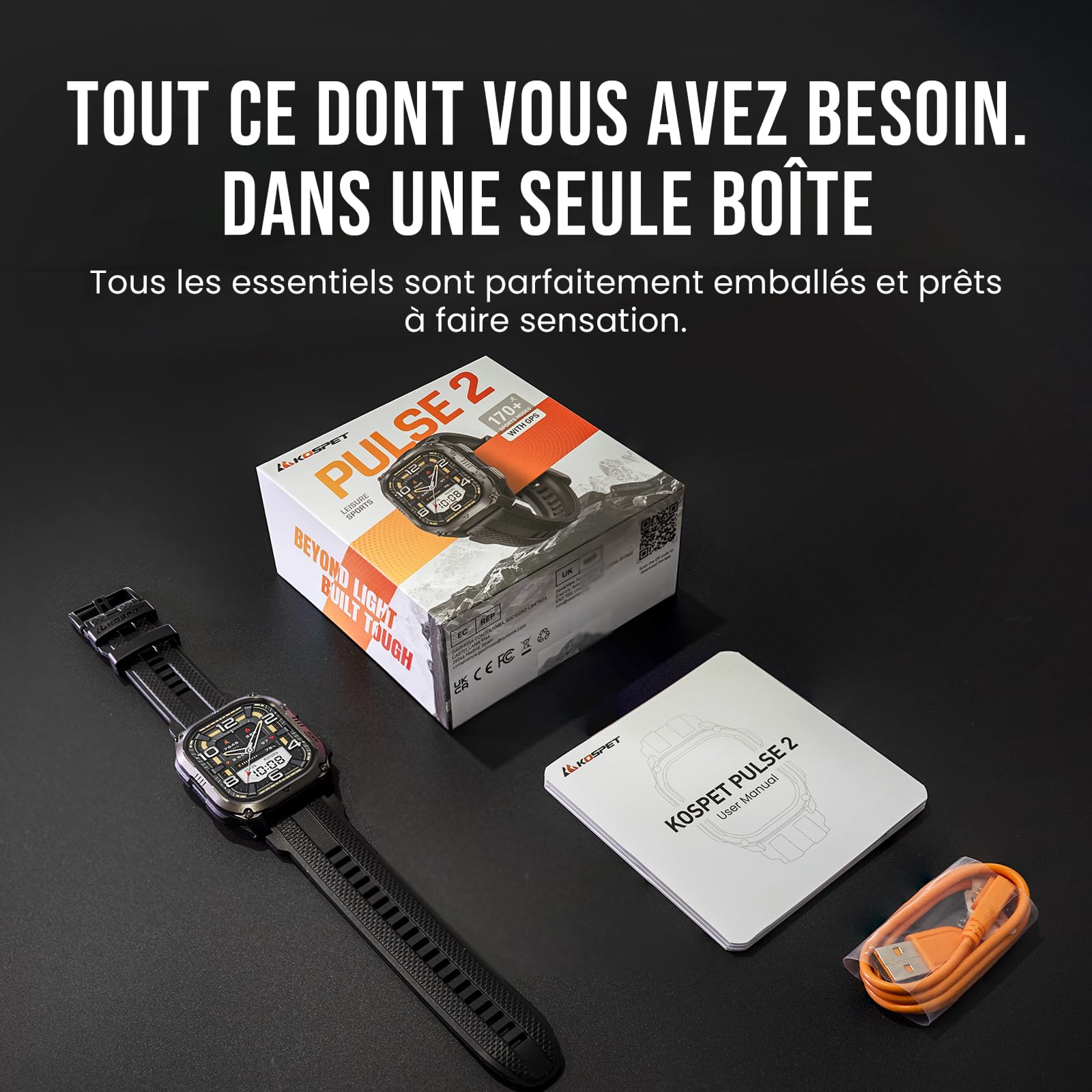 KOSPET Pulse 2 Montre Connectée Homme, GPS, Lampe Torche LED, Talkie Walkie | 1,96'' AMOLED, Rugged Lunette en Alliage, 5 ATM/IP69, Militaire, Moniteur de Fréquence Cardiaque/Sommeil, 450mAh, Android/iOS