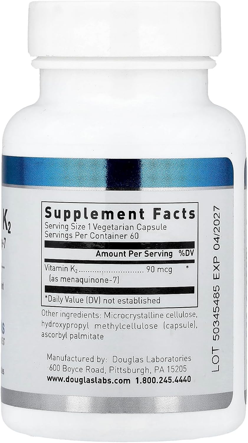 Douglas Laboratories Vitamin K2 - 90 mcg MK-7 - Supports Bone Formation, Calcium Use, Heart Health & Blood Vessels* - Vegetarian Formula - 60 Capsules