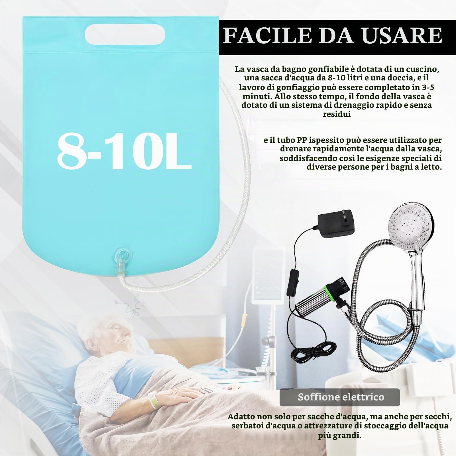 Vasca per Doccia, Vasca da Bagno Gonfiabile, Set Vasca da Bagno Doccia Gonfiabile Medica, Sistema Doccia Portatile sul Comodino, Sistema Doccia con Pompa per Anziani/Disabili/Costretti a Letto