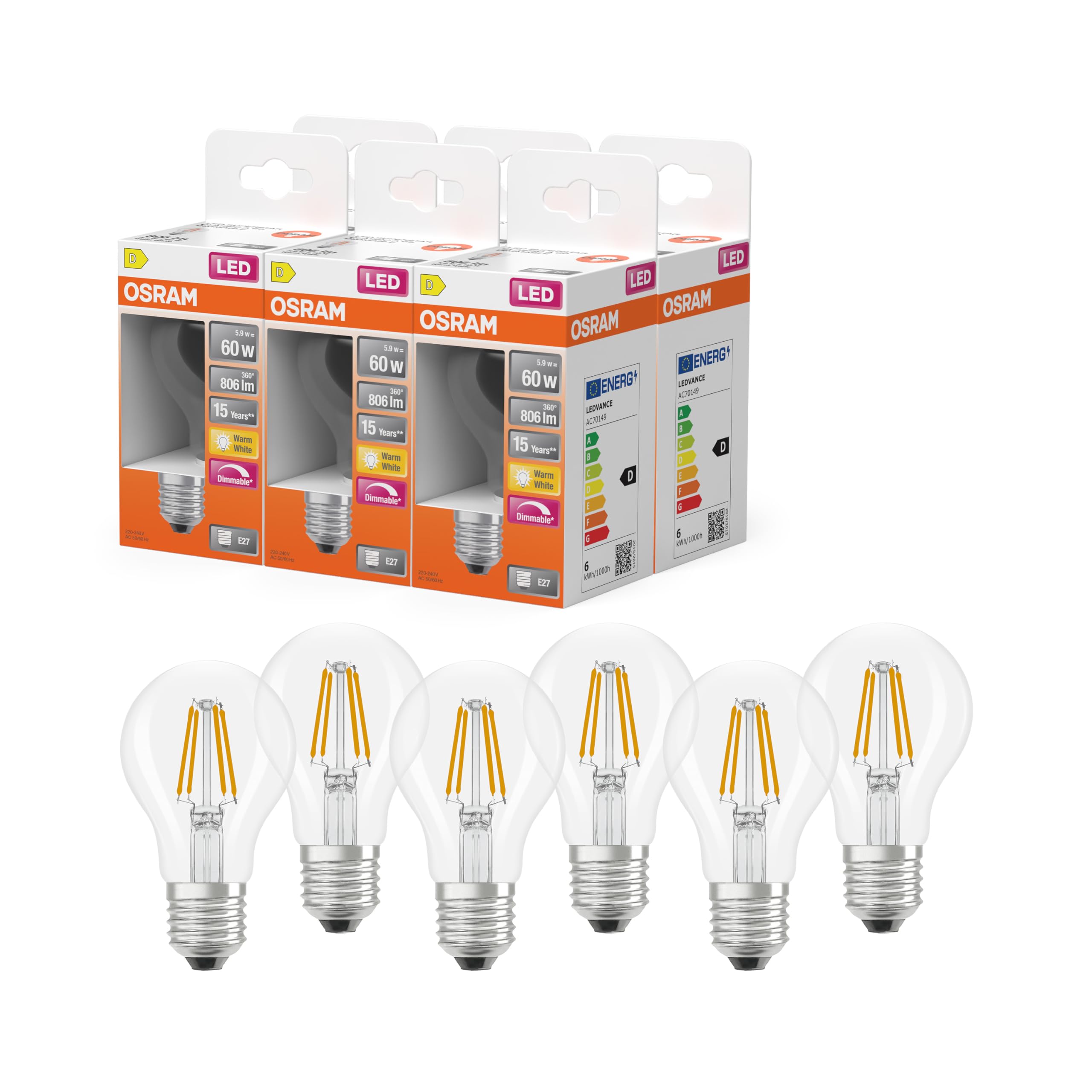 Osram LED-Lampe Superstar Kolbenform A 60 DIM 5,9W Klar E27