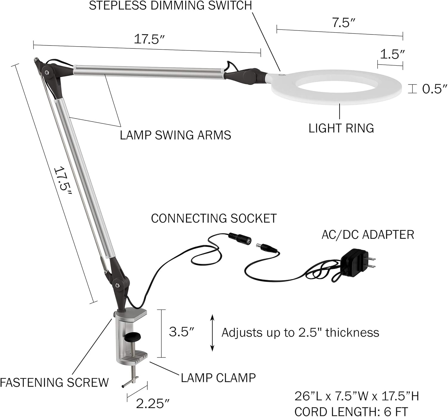 Lavish Home Swing Arm Architect Task Lamp with Clamp, LED Ring Light-Stepless Dimming-High CRI 95-Eye Friendly Light for Reading, Drafting & Office