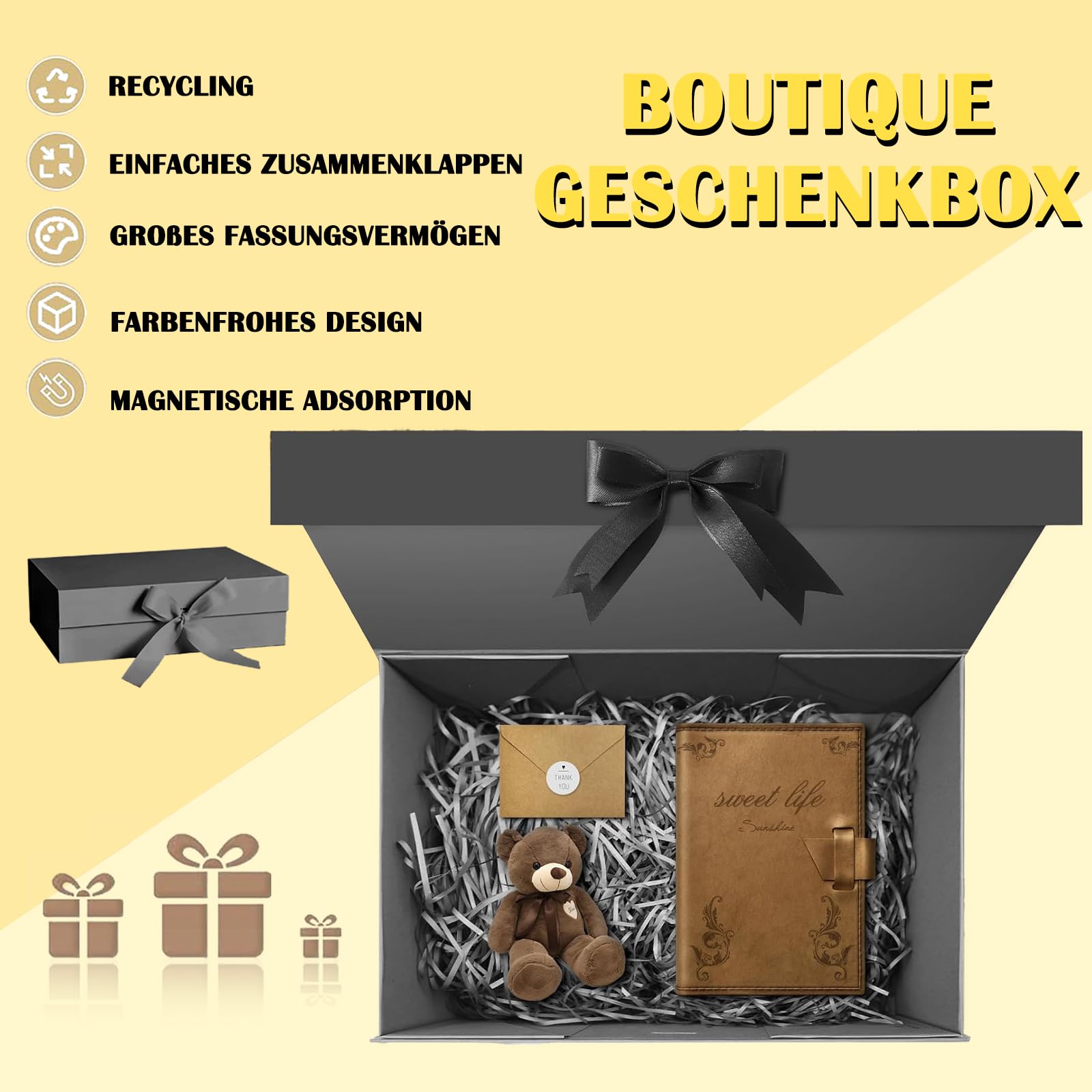 Geschenkdoos met deksel, 23 × 17 × 7 cm geschenkdoos, zwarte magnetische geschenkdozen, decoratieve doos met strik voor bruiloften, verjaardagen