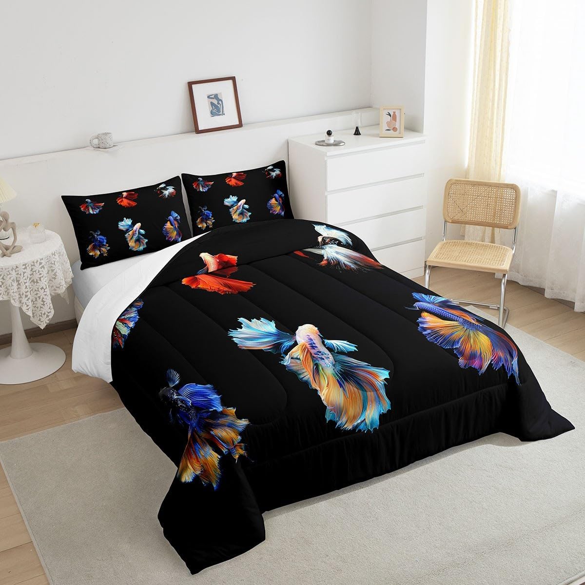 Betta Fish Bedding Set Colorful Siamese Fighting Fish Comforter Underwater Animal Comforter Set for Kids Adults Aquarium Sealife Seaworld Duvet Set Room Decor Twin Size Quilt Boys…