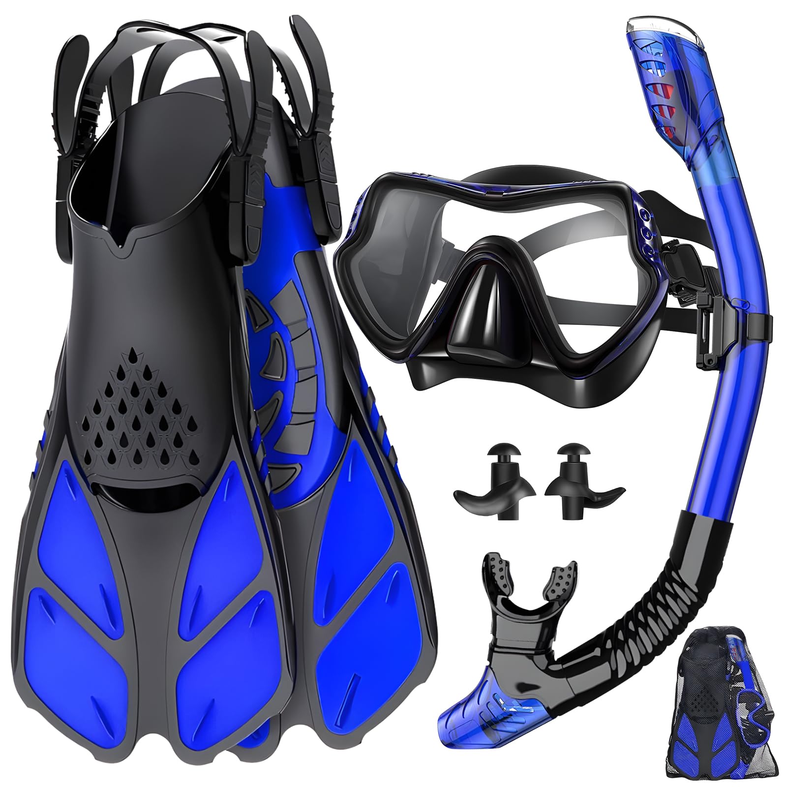 Odoland Set Snorkeling 3 in 1 con Maschera Snorkeling con Vista Panoramica 180°, Boccaglio Asciutto, Pinne Regolabili, Attrezzatura Subacquea per Adulti, Nero, L/XL