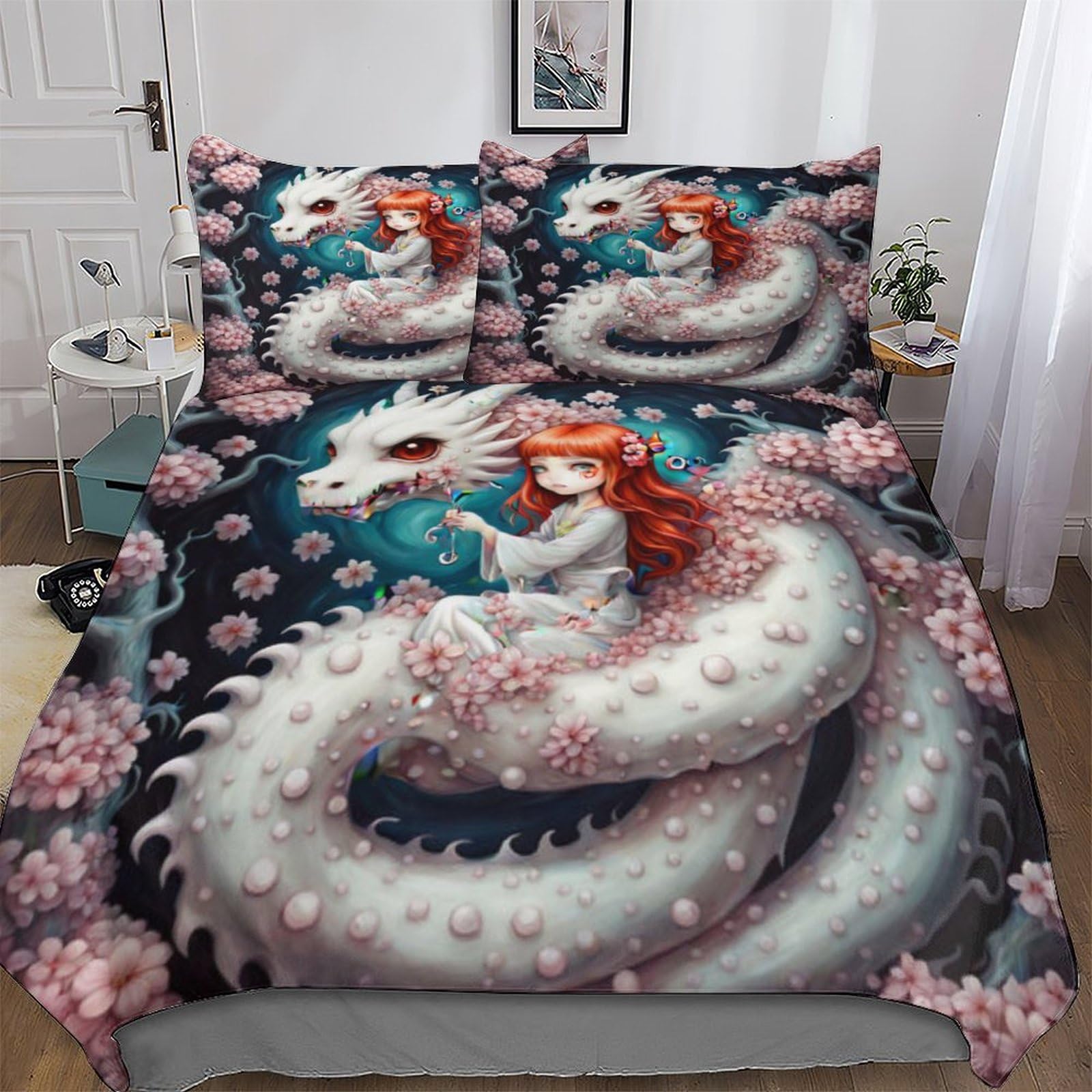 Housse de couette dragon 220x240 cm avec 2 taies d'oreillers pour lit deux personnes