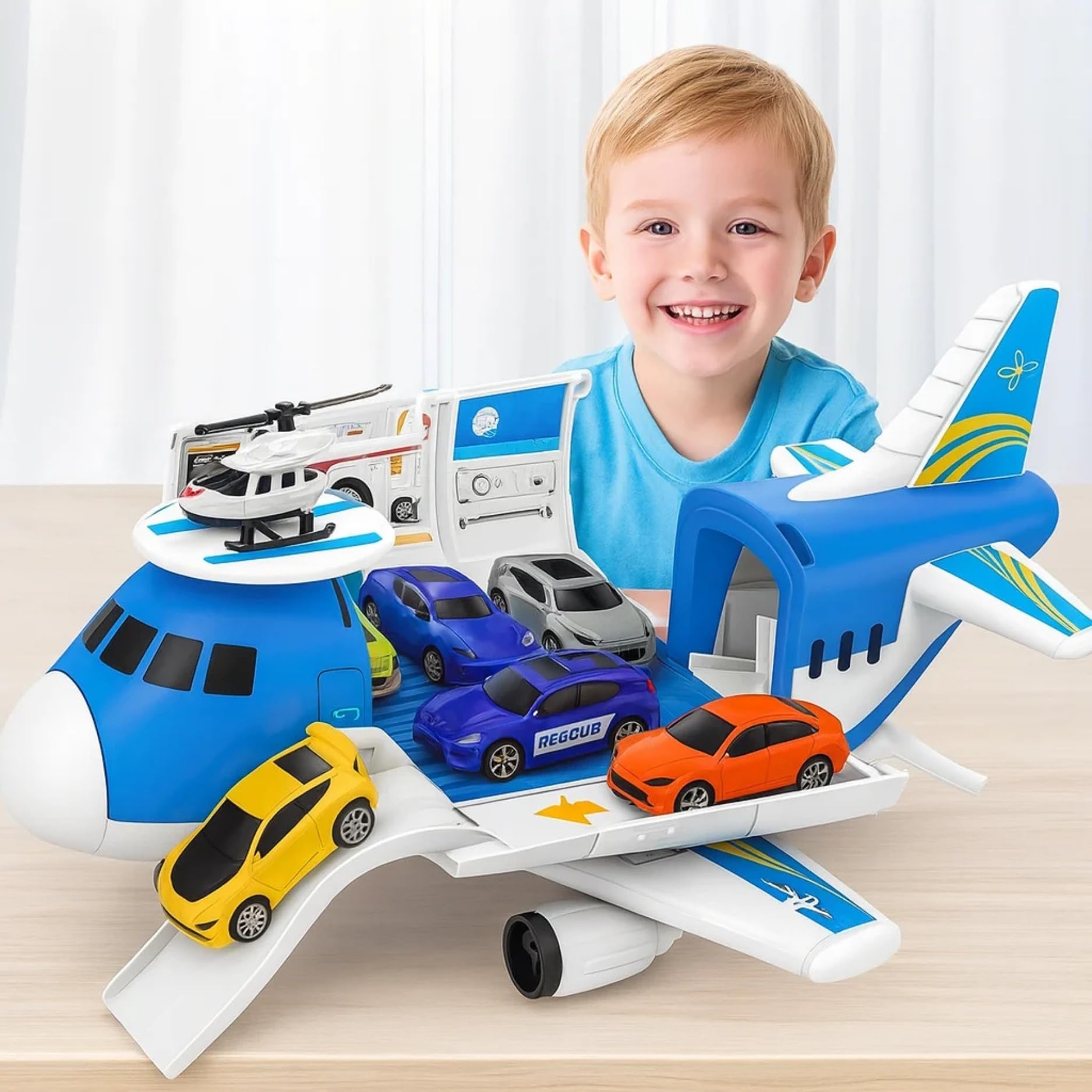 SARAOONT Cargo Aircraft With 4 Cars Play Set - Transport Airplane Toy for Kids With Carrier (Blue)