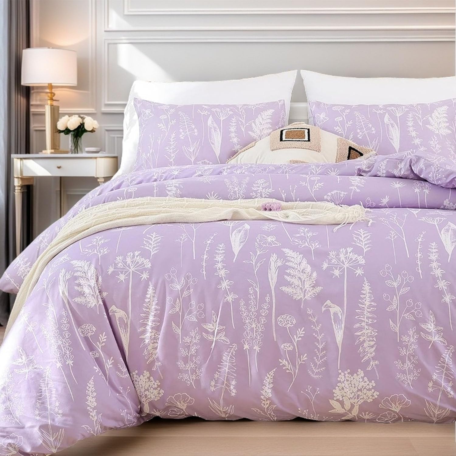 JANZAA Queen Comforter Set Lavender Comforter Floral Bedding Sets 3 Pieces Flowers Bed Comforter 1 Soft Reversible Cute Botanical with 2 Pillow Shams