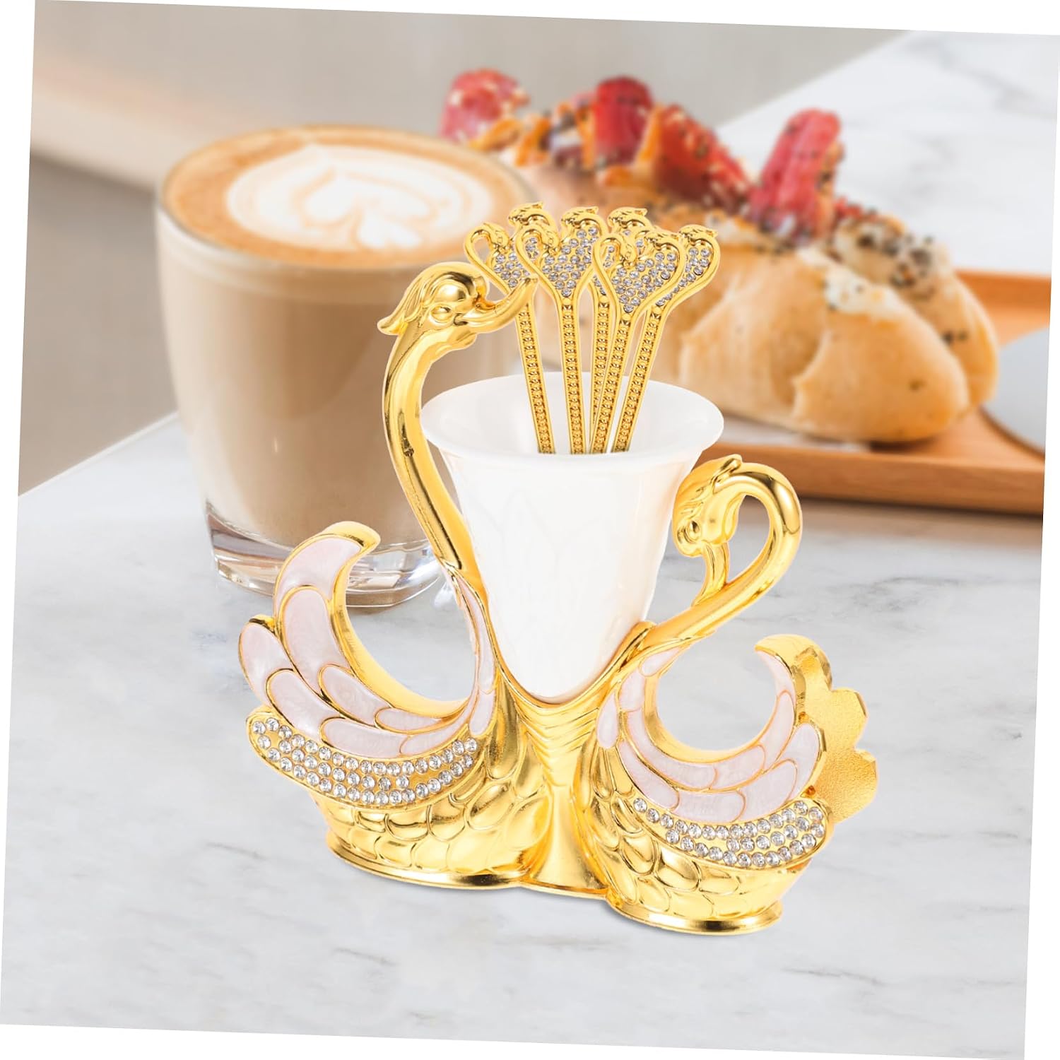 1 Set Coffee Spoon Dessert Spoon with Elegant Swan Base Holder for Home Kitchen Dining and Parties Smooth Finish Easy to Clean Unique Design