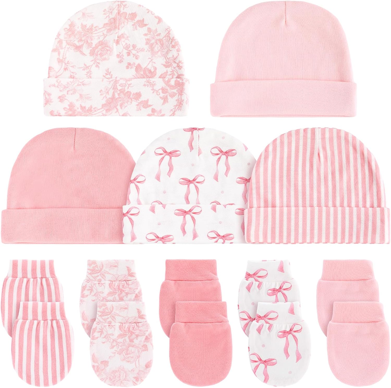 Unittype Baby Hats and Mittens Set for Girl 10 Pcs Newborn Gift Set Soft 100% Cotton Infant Beanie Caps and No Scratch Gloves Pink White Bow Pattern for 0-6 Months Infant Essentials