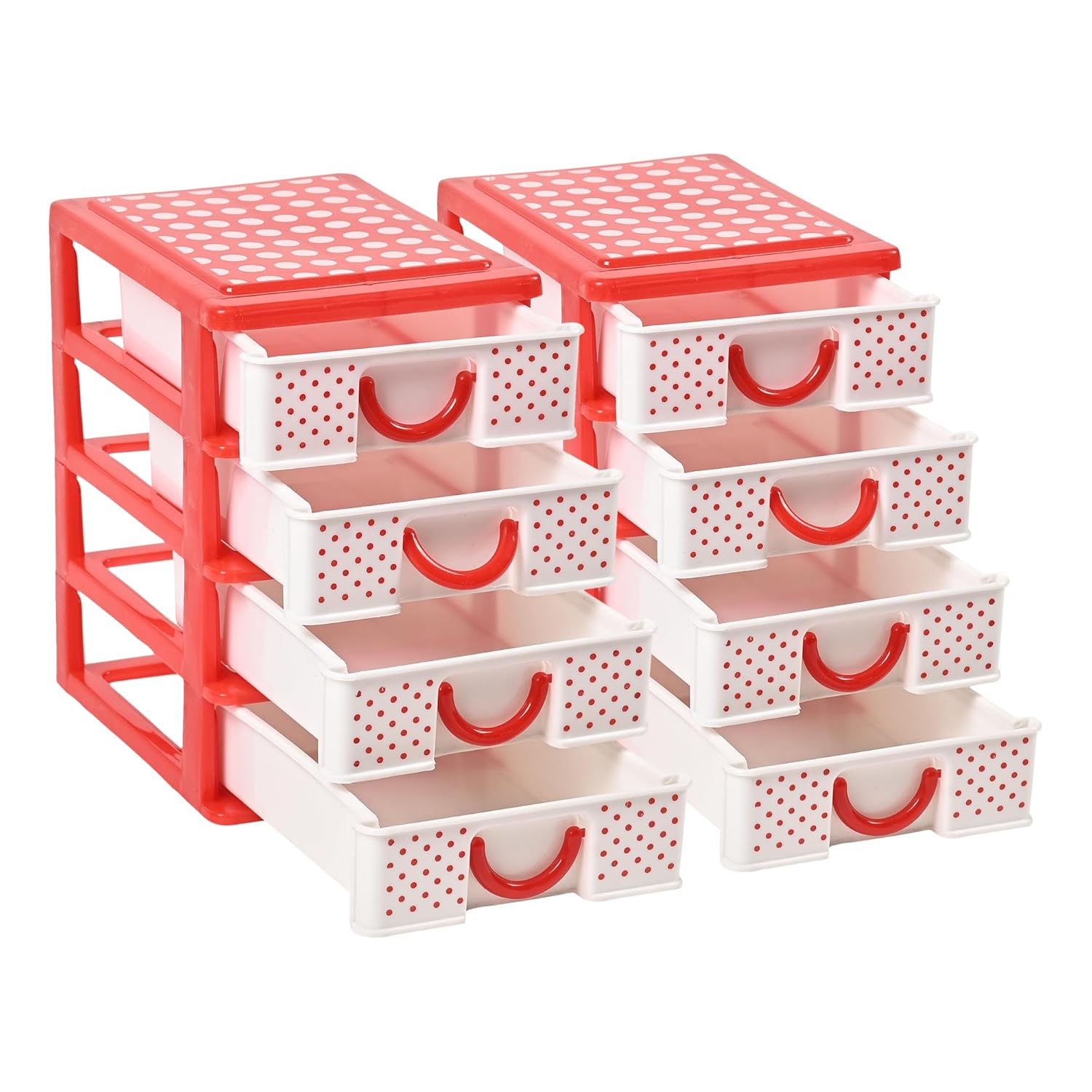 Kuber Industries Pack of 2 Drawer Stationary Oragnizers for Desk & Pen Holder For Study Table | 4-Tier Pencil Stand/Box for Students | Dots-White&Red