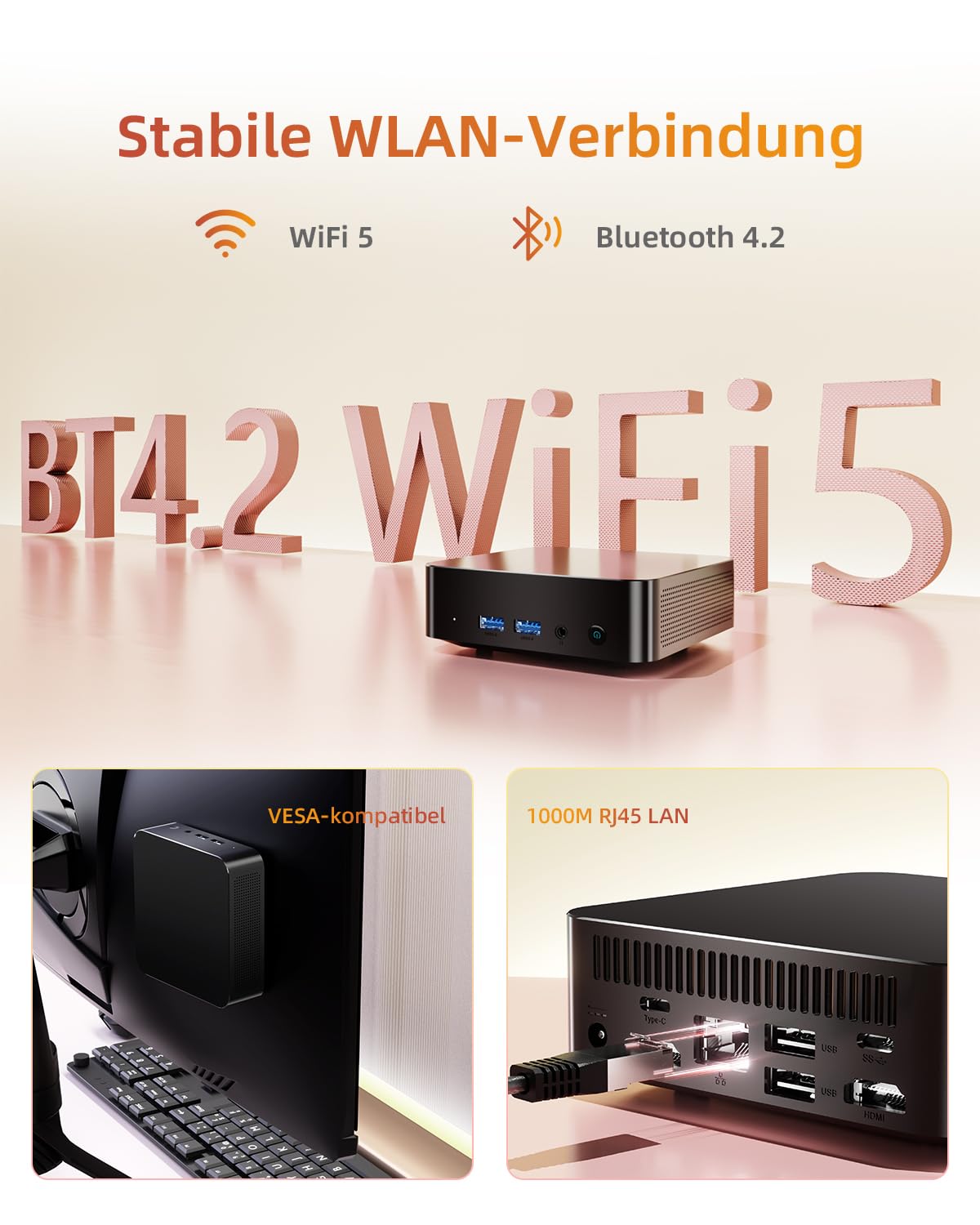 Mini PC N3150 (4 Kerne/4 Threads, bis 2,08 GHz), 8 GB RAM + 256 GB SSD, Dual USB-C Mini Computer, 2× 2K Display, WiFi 5, Bluetooth 4.2, RJ45 LAN, USB 3.0, 6 W TDP, kompakt & energieeffizient