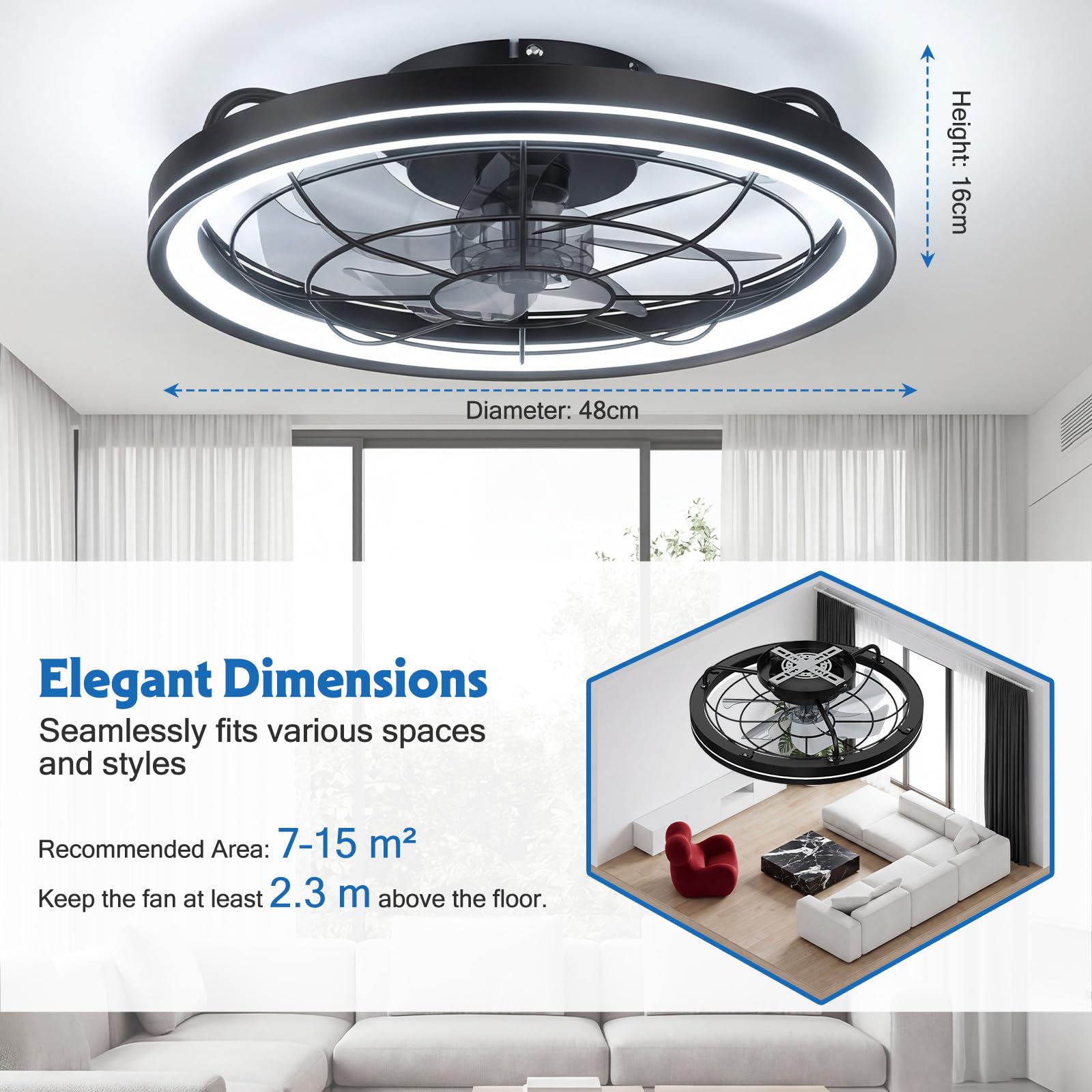 Deckenventilator mit Beleuchtung, dimmbar, Ø48cm, 6 Stufen, 3000-6500K, Fernbedienung & App, Timer, Schwarz