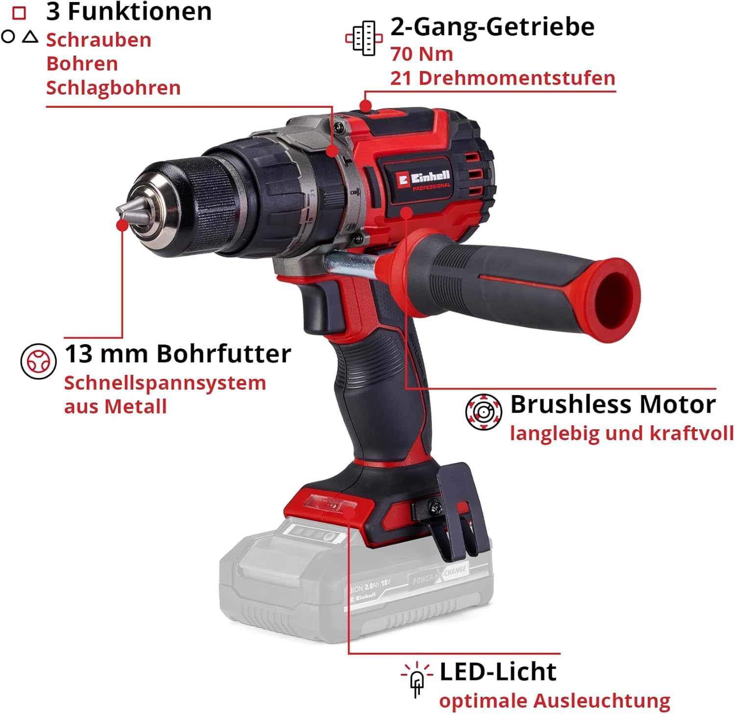 Einhell Professional Akku-Schlagbohrschrauber TP-CD 18/70 Li-i BL - Solo Power X-Change (18 V, Brushless, 70 Nm, Schlagbohrfunktion, 13 mm Bohrfutter, 2 Gang, ohne Akku)