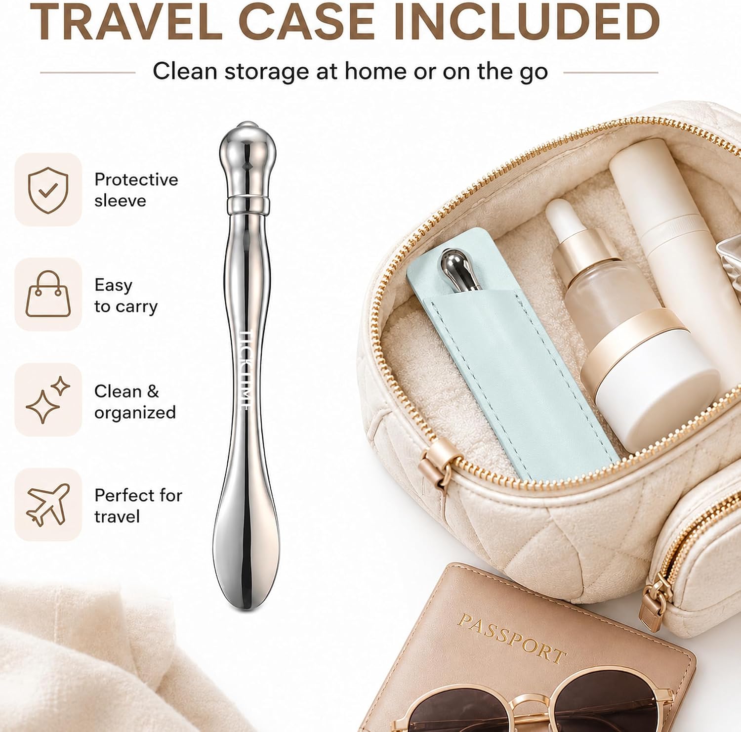 TICKTIME Patented Design Cooling Eye Roller for Puffy Eyes | Metal Under Eye Massager, Eye Cream Applicator, Roller Ball Applicator Wand for Dark Circles, Travel Case Included