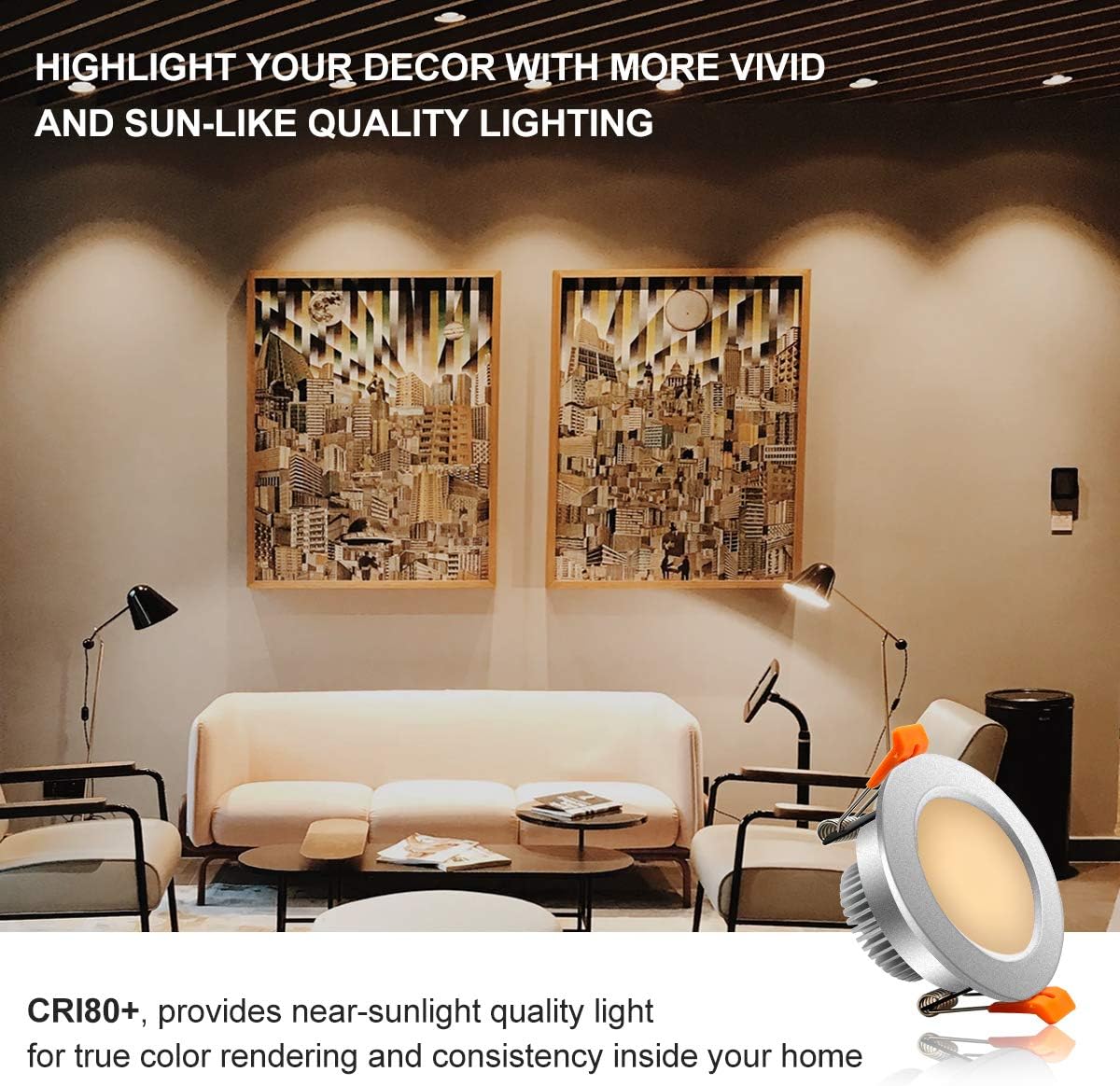 YGS-Tech 3 Inch LED Recessed Lighting, Dimmable Downlight 5W(40W Halogen Equivalent), 2700K Ultra Warm White Ceiling Light, CRI80, Silver Trim with LED Driver(4 Pack)