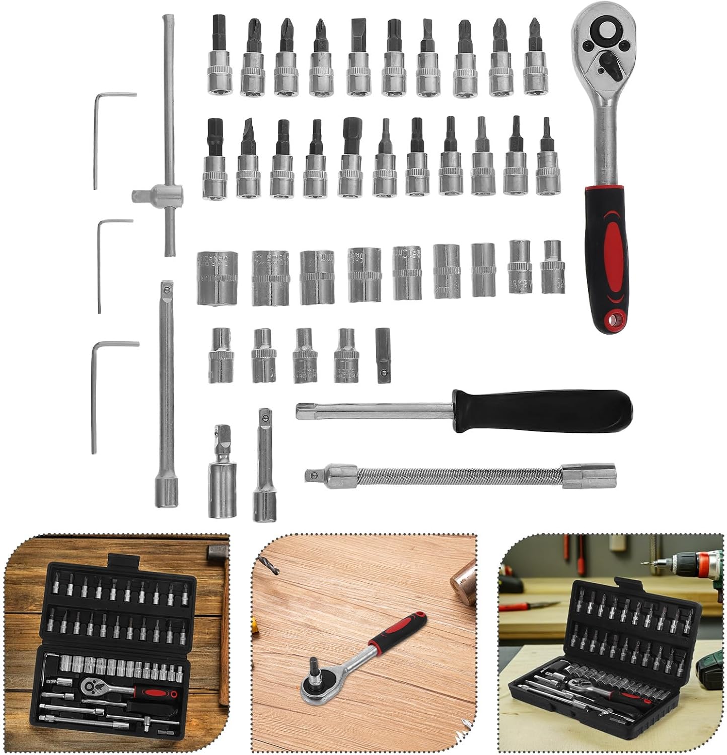CHILDWEET 46pcs Ratchet and Socket Tool Set with Bit Replacement, Mechanic Ratcheting Wrench Kit for Car Repair and Household Use, Portable Socket Wrench Combination in Black Case