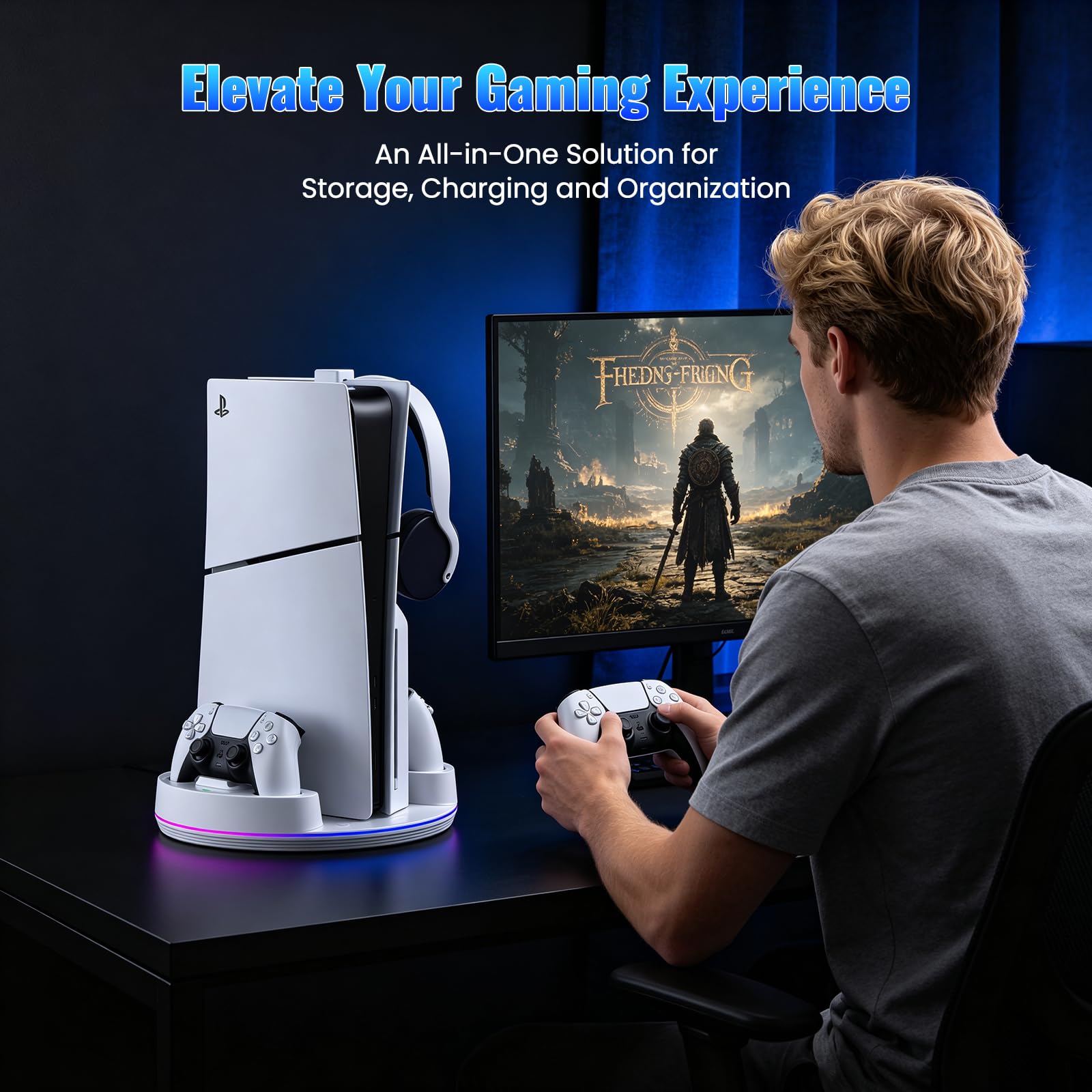 NEWDERY for PS5/Slim/Pro Stand Console, Fast Charging Station Compatible with PlayStation 5 Controllers with Adjustable RGB Light, Charging Station for All PlayStation 5 Console - White