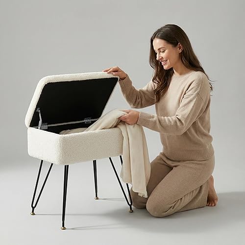 Miniatura 7 de Taburete de tocador, taburete otomano de piel sintética de peluche con patas de metal y pies negros ajustables, silla de maquillaje con Blanco,Negro