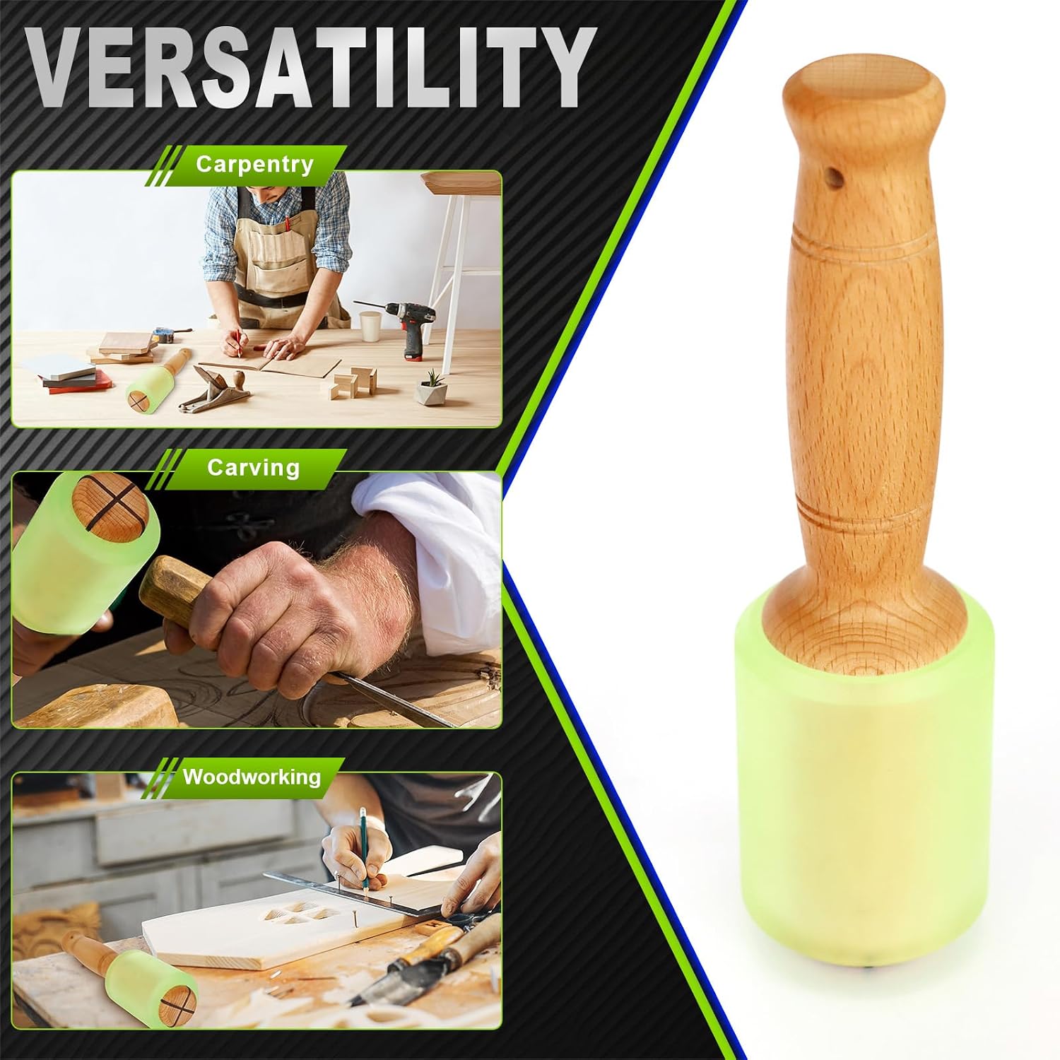 12oz Polyurethane Non-Marring Soft Face Mallet – Low Rebound, Quiet Anti-Vibration Hammer for Leather Stamping & Aluminum Embossing (green)