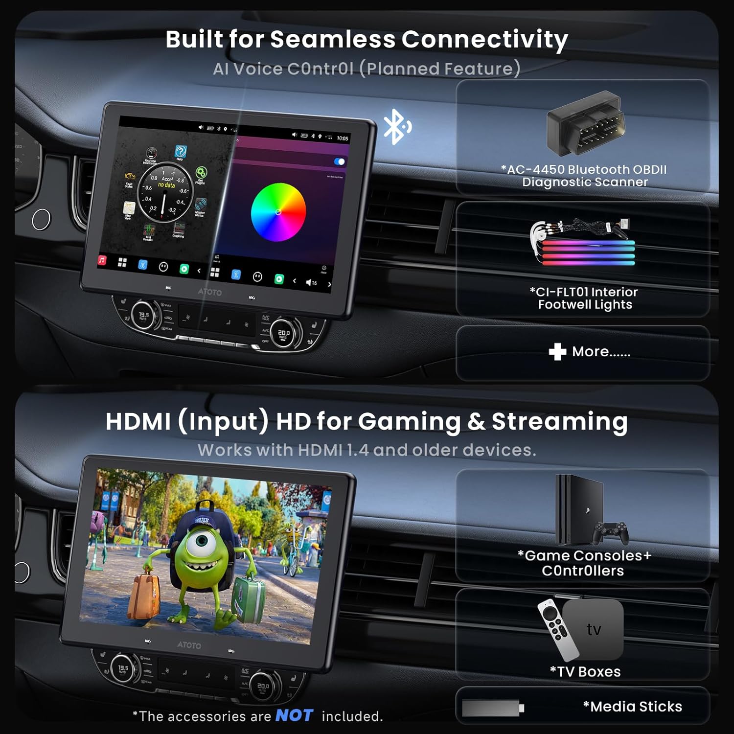 Image showing the ATOTONA X10 display in a car, highlighting Bluetooth OBDII scanner and interior footwell lights as connectivity options.