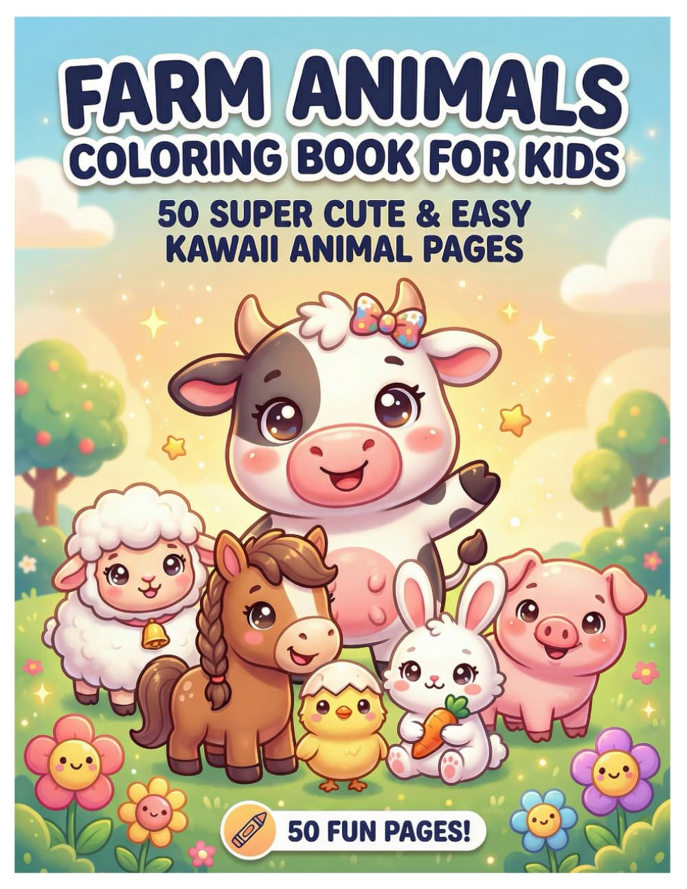 Farm Animals Coloring Book for Kids: 50 Super Cute & Easy Kawaii Animal Pages