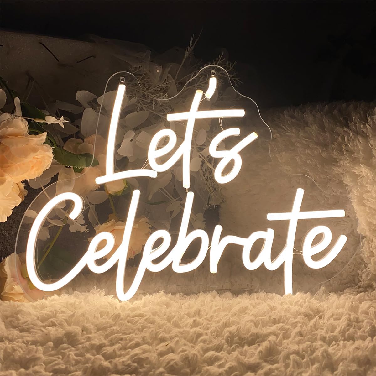 Let's Celebrate Neon Sign Wall Decor Indoor Bedroom Custom Led Neon Signs Backdrop Flex Christmas Party Business Shop Window Wedding Living Room Birthday Gift(Warm White,USB,40×28.6CM)
