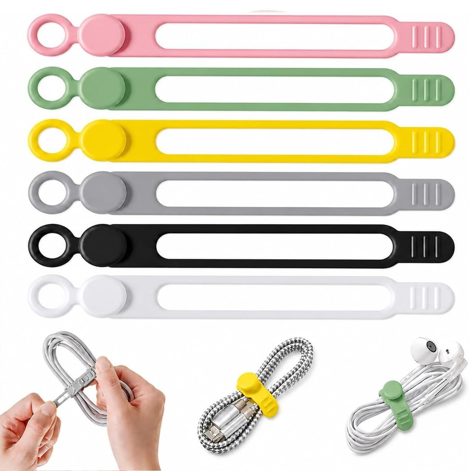 Silicone Cable Organiser Straps, 6pcs Reusable Elastic Cable Ties for USB Cables, Phone Chargers, Earphones & Wires, Multi-Colour Cord Management Wraps for Home Office Travel (Multicolored)