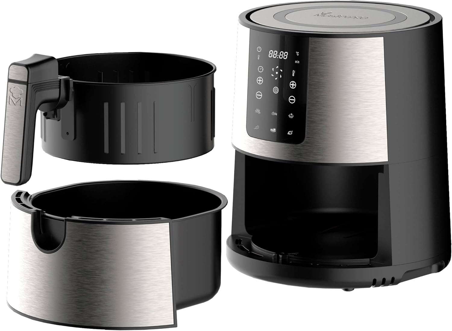 MasterPro Rocket 360 Air Fryer with basket and tray separated