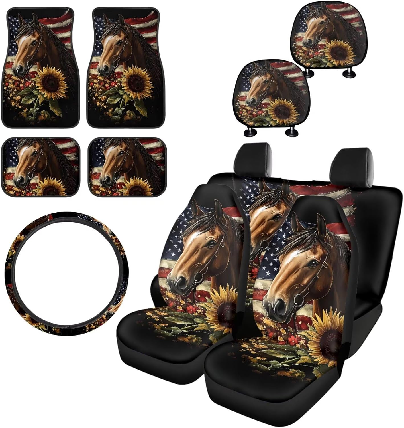 Pensura Horse Sunflower USA Flag Car Seat Covers Set Full Set -Front Seats Cover/Rear Bench Seat Cover Protectors Steering Wheel Cover Car Headrest Cover Floor Mats Universal Fit Most Vehicles