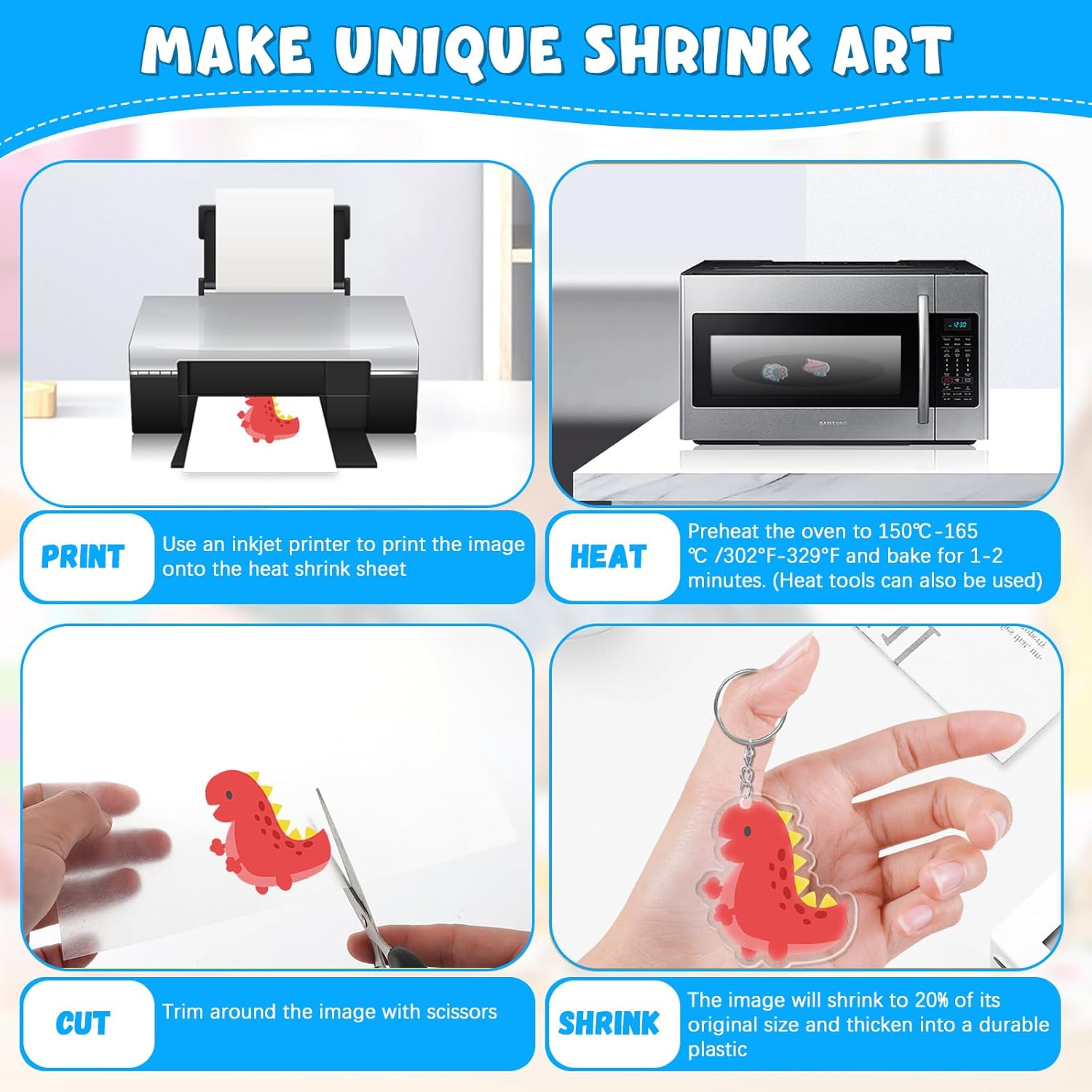 AOBOPLE Printable Shrinky Dink Sheets,213PCS Shrinky Dink Keychain Kit with 20 Printable Shrink Plastic Sheets 193PCS Keychain Accessories for Inkjet Printer DIY Crafts