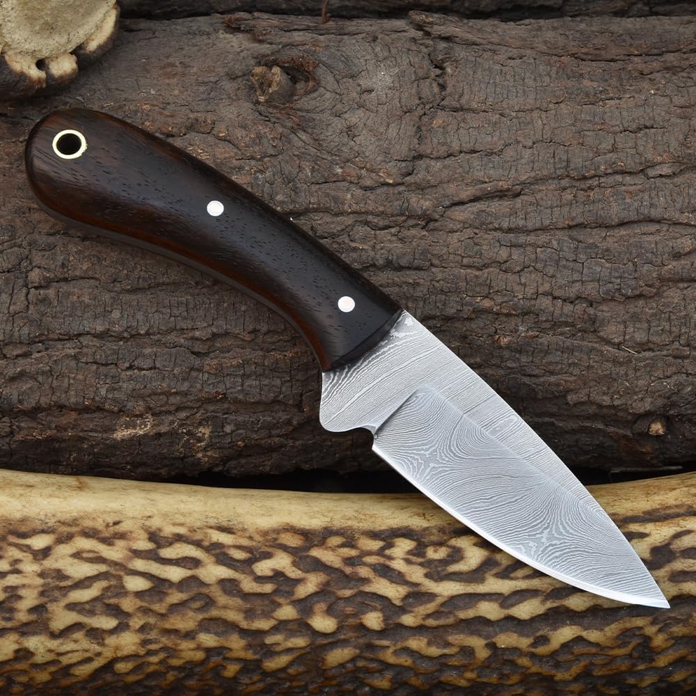 Knives Ranch Handmade Fixed Blade EDC Utility Knife - Full Tang Hunting Knife - Rosewood Handle - Horizontal Scout Carry Sheath (Snug Fit)