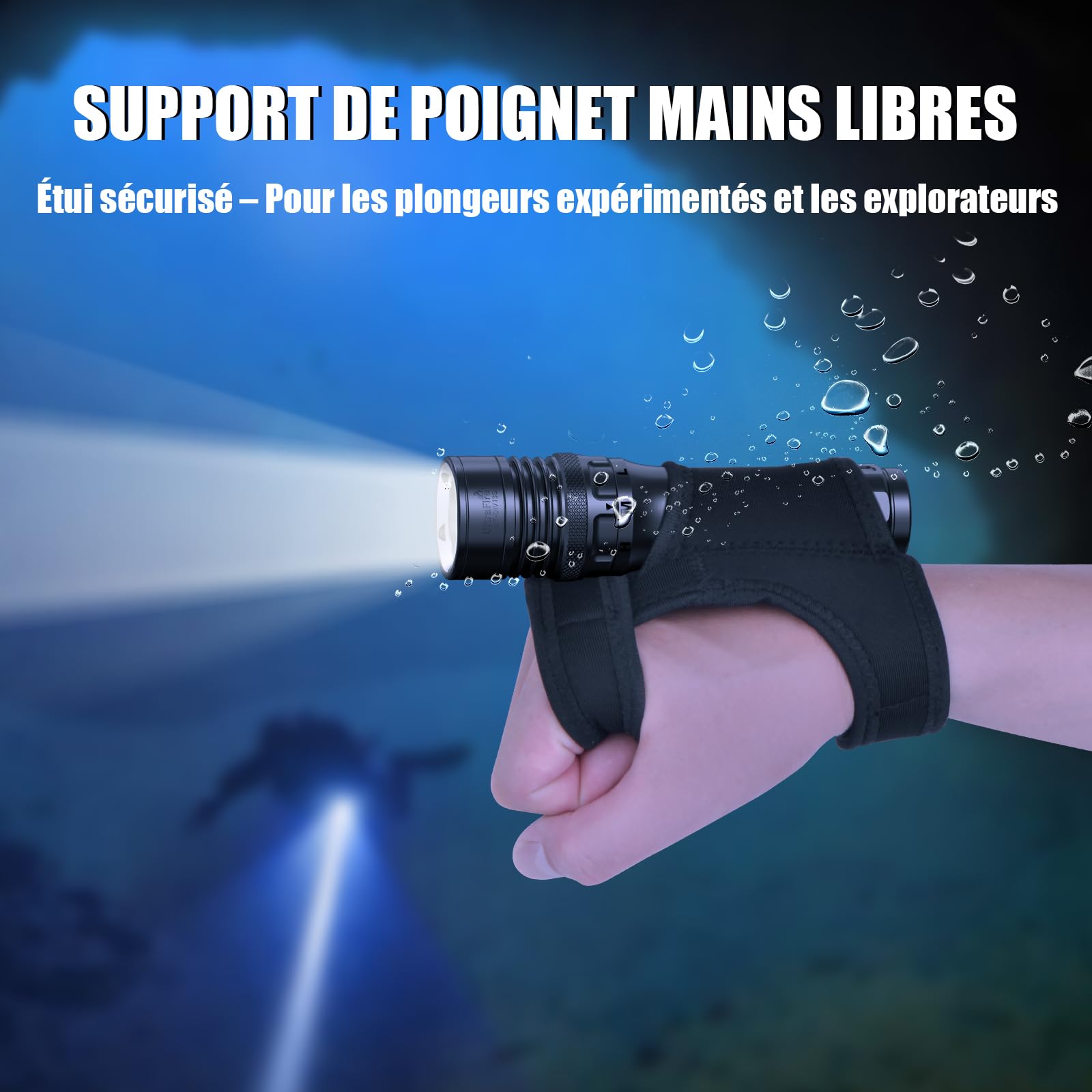 ULTRAFIRE UF-DIV13S Lampe torche de plongée rechargeable 3 350 lumens avec interrupteur rotatif magnétique, étanche IPX8 avec support de poignet