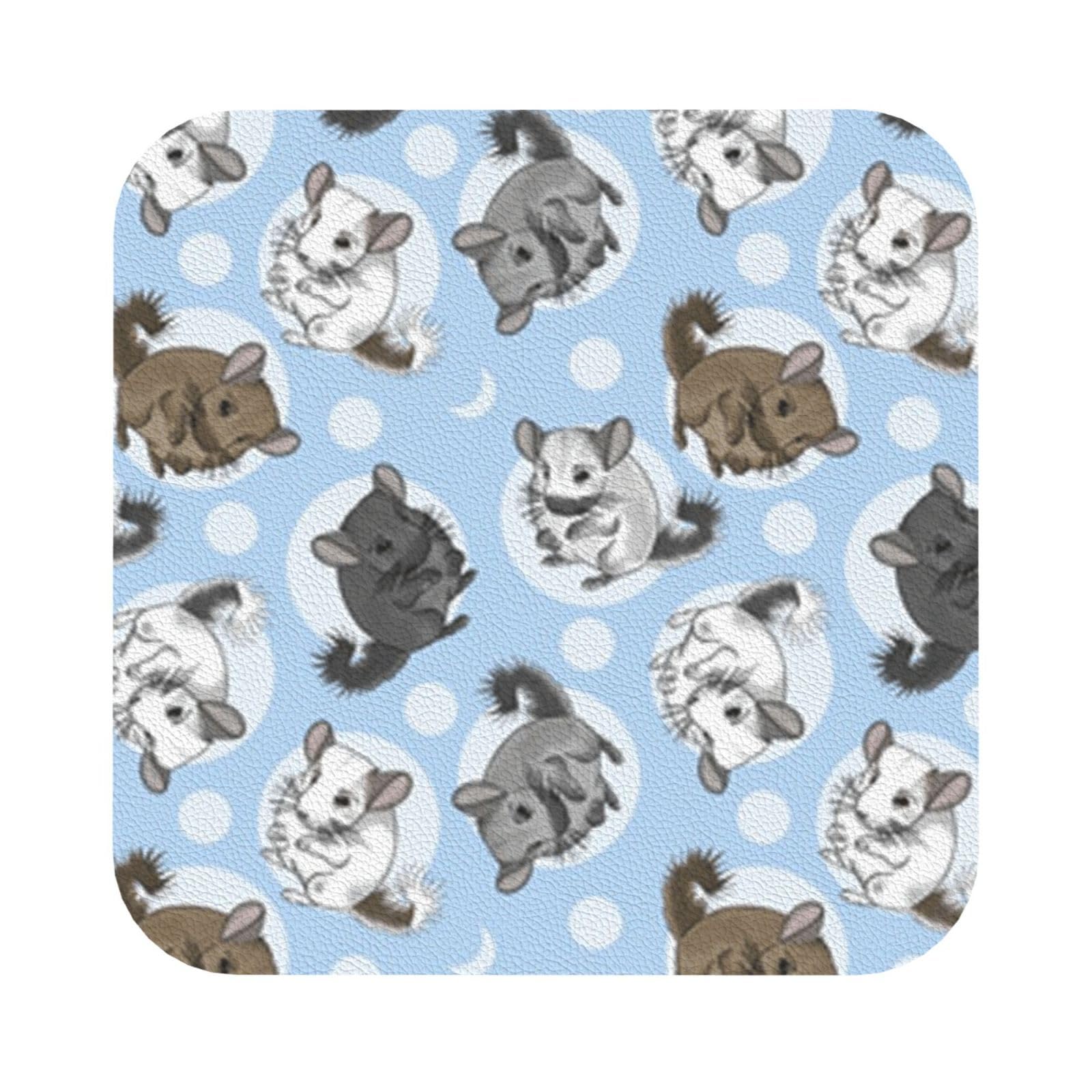 Blue Chinchillas And Moon PU Leather Coasters Set of 6 Square Drink Coasters