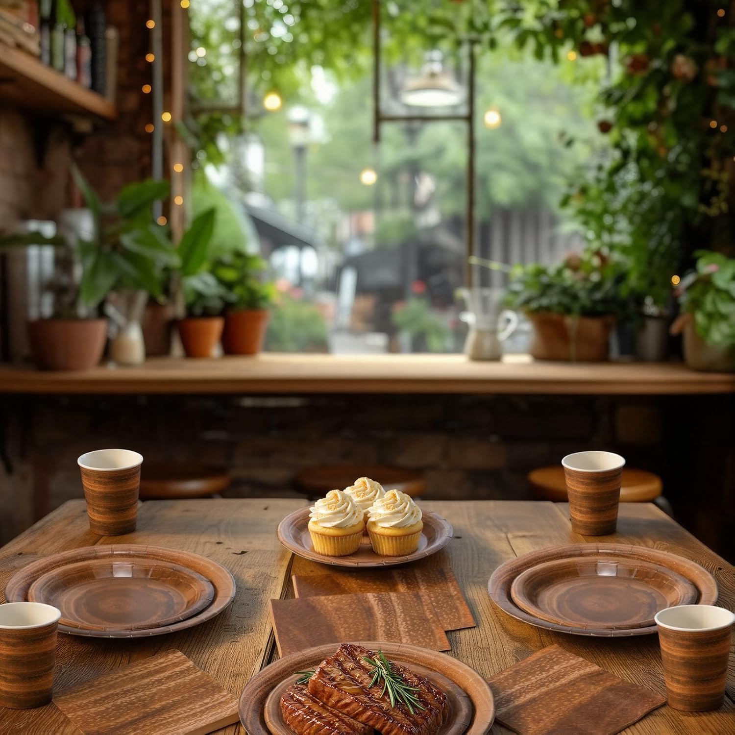 Ziliny 250 Pieces Rustic Wood Grain Party Tableware Set - Disposable Paper Plates, Cups & Napkins for 50 Guests - Lumberjack, Farmhouse, Camping, Forest Theme Birthday Decorations(Brown)