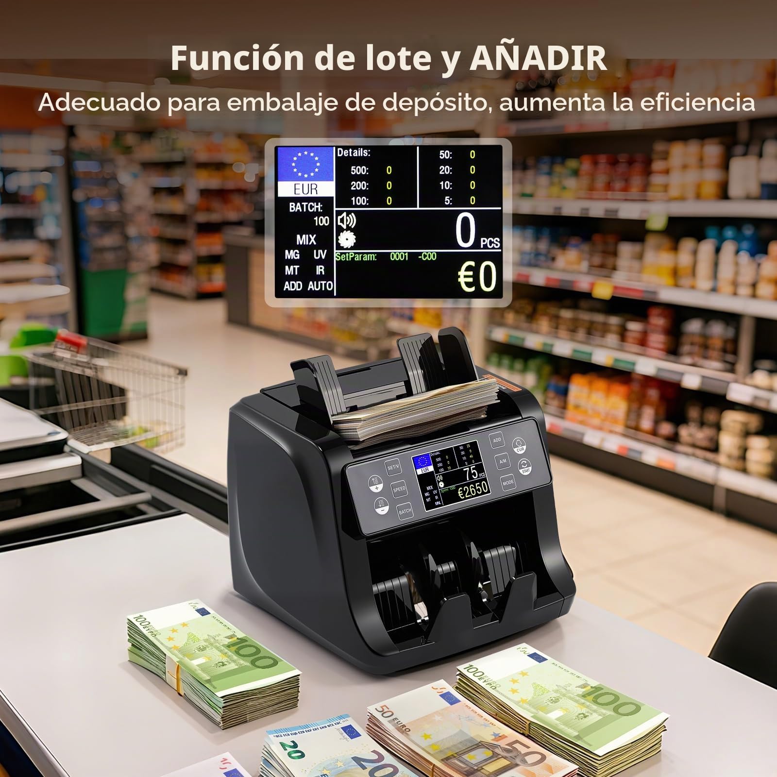 Bonvoisin Maquina de Contar Billetes, Totaliza Las Denominaciones Mixtas | 1500 Billetes/Min, Detección UV/IR/MG/MT, Clasificación, Lotes y Acumulación, Pantalla TFT HD, Para Bancos y Empresas